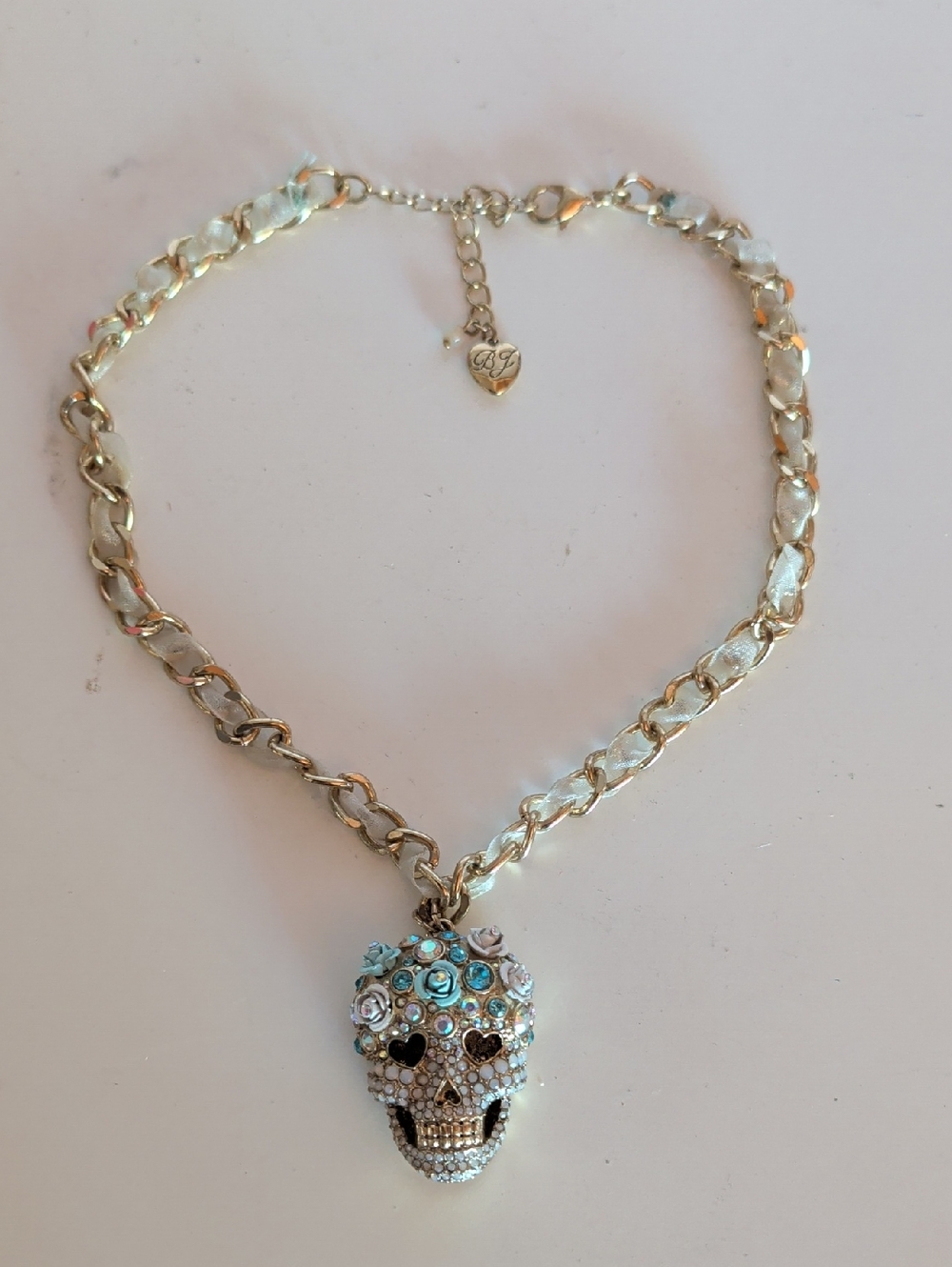 Betsey Johnson, Crystal Skull Pendant Necklace - Silver Tone with Blue Accents